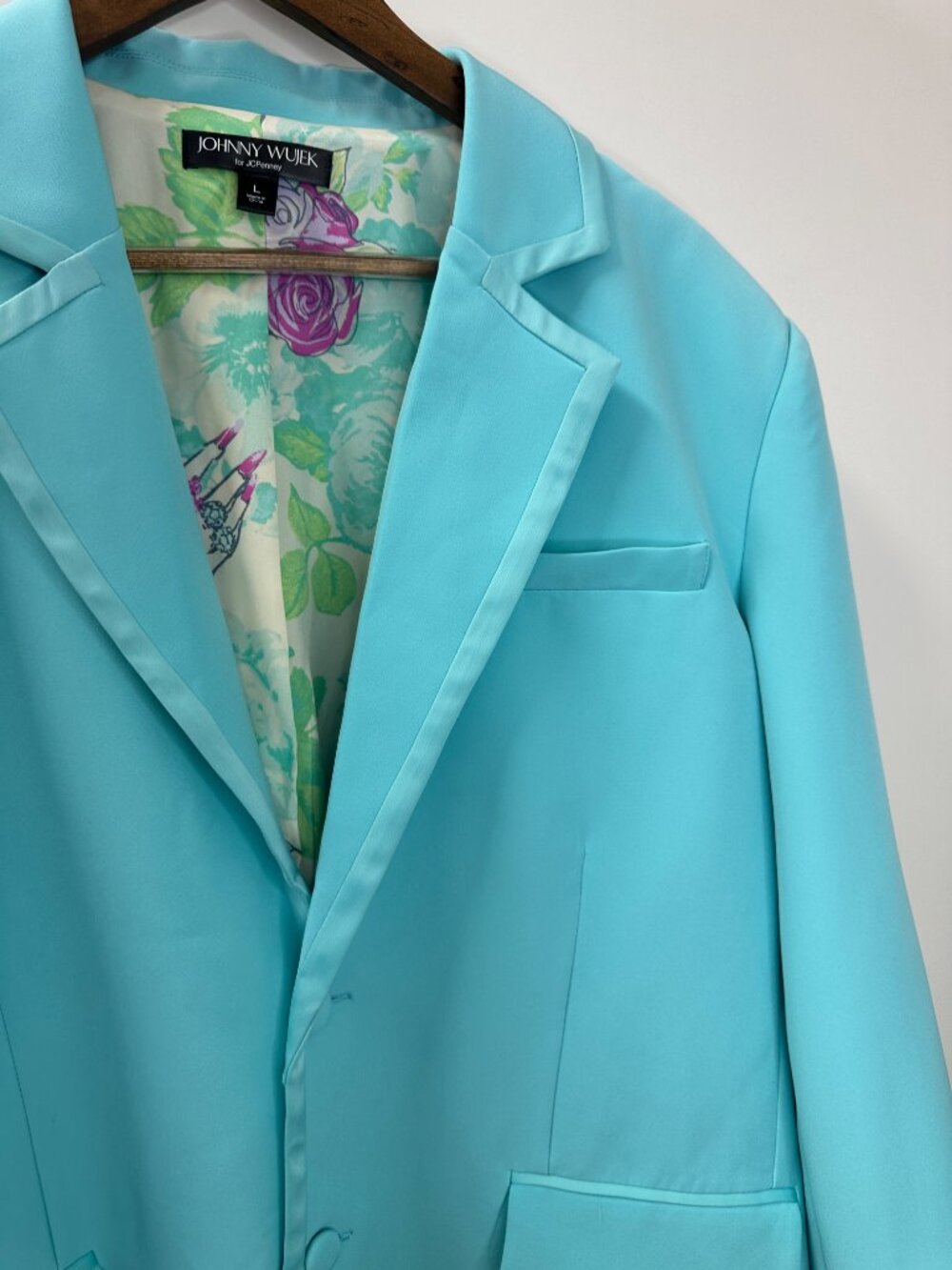 Johnny Wujek Suit Blazer Satin Trim Floral Lined Jacket Oversized Wedding Party - Picture 6 of 13